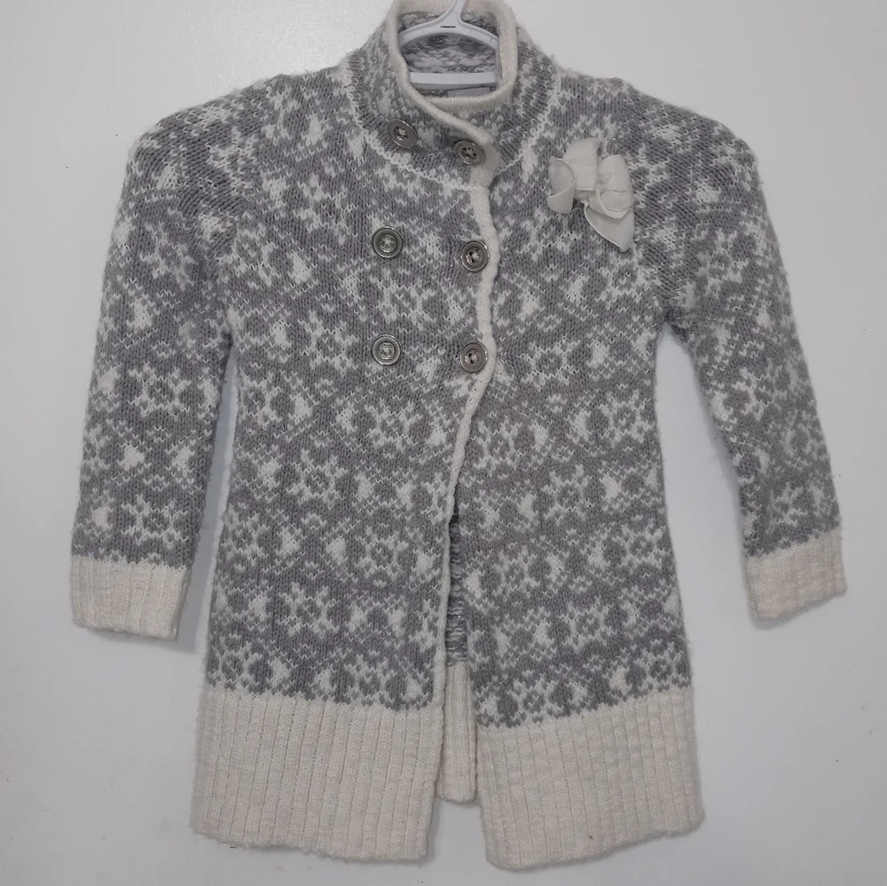 TAHARI GIRLS 4 WOOL BLEND 3 BUTTON CABLE KNIT CARDIGAN SNOWFLAKE SWEATER W BOW